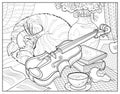 Still life with violin and sleeping cat. Coloring book for children and adults. Image in zen-tangle style. Printable page for