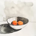 Still Life Watercolor of Oranges in a Bowl