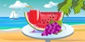 Still life with watermelon, grapes and a drink in a glass on a table under palm trees by the sea. A sailboat and