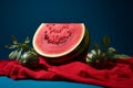 still life with watermelon on red cloth on blue background Royalty Free Stock Photo