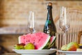 Slices of watermelon and pears lie on plate Royalty Free Stock Photo