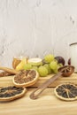 Basket of ripe fruit next to some dried wheat Royalty Free Stock Photo