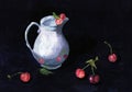 Still life `White jug and cherries on a black background. Children`s drawing