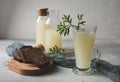 Still life with white kvass or sourdough in bottles and glass with slices of rye bread Royalty Free Stock Photo