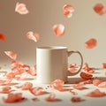 Still life of a white mug surrounded by falling pink rose petals on a neutral background in soft light Royalty Free Stock Photo