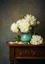 Still life with white peonies in a blue jug