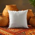 Still life of a white pillow on a patterned rug surrounded by woven baskets and a green plant Royalty Free Stock Photo