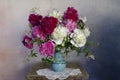 Still life with white and pink peonies on a multicolored background Royalty Free Stock Photo