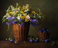 Still life with wild flowers in basket Royalty Free Stock Photo