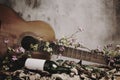 Still life wine bottle with guitar Royalty Free Stock Photo