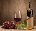 Still life with wine bottles, glasses and grapes Royalty Free Stock Photo