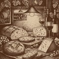 Still Life with Wine Bread Cheese and Grapes Royalty Free Stock Photo
