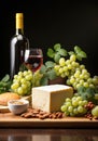 Still life with wine, cheeses and fruits on a dark background. Royalty Free Stock Photo