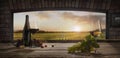 Still life with wine glasses, bottles, grapes on wooden table in wine cellar. Panoramic window view of lush vineyards at Royalty Free Stock Photo