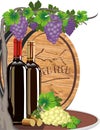 Still life with wine and grapes and a wooden barrel for wine.