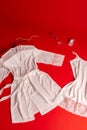 Still life: women`s white openwork chemise and negligee on a red background