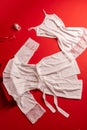 Still life: women`s white openwork chemise and negligee on a red background