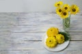 Still life on a wooden table in the fall. Yellow flowers in a glass vase and round yellow zucchini on a plate. Close-up, selective Royalty Free Stock Photo
