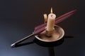 Still life, write mysterious wisdom and handwriting concept burning candle in a vintage brass candlestick and quill pen on shiny