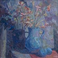 Still life written in oil. A bouquet of spring flowers in a blue vase Royalty Free Stock Photo