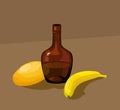 Still life with yellow melon, bottle and banana