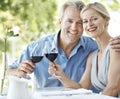 Still in love and committed to each other. Happy mature couple toasting their love with two glasses of wine while Royalty Free Stock Photo