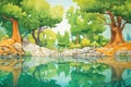 a still mineral pool reflecting surrounding green trees Royalty Free Stock Photo