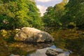 Still Rocky Tree Shaded River with Reflections Royalty Free Stock Photo