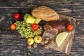 Still a top view of the food on rustic wooden table Royalty Free Stock Photo