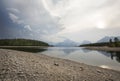 Still water of Jackson Lake, mountains, Teton National Park, Wyo Royalty Free Stock Photo