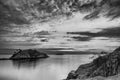 Image of the rocky coastline near Vancouver captured in black and white image