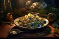 Stillife of asta and mushrooms dish in a copyspace rustic background. Generative AI