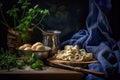 Stillife of asta and mushrooms dish in a copyspace rustic background. Generative AI