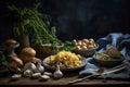 Stillife of asta and mushrooms dish in a copyspace rustic background. Generative AI