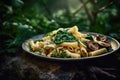 Stillife of asta and mushrooms dish in a copyspace rustic background. Generative AI