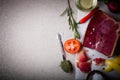 Stillife with a piece of jamon on marble table with space for te Royalty Free Stock Photo