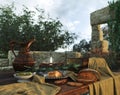 Stilllife with ancient ruins, books, olive and pitcher