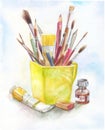 Stilllife with art materials in watercolor. yellow mug, brush, p