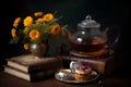 Stilllife flower tea cookies. Generate Ai Royalty Free Stock Photo