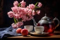 Stilllife flowers tea. Generate Ai Royalty Free Stock Photo