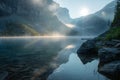 The stillness of dawn at a mountain lake Reflects light from the sun, Generated AI