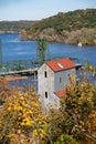 Stillwater, Minnesota in the fall - overlooking an old mill with fall leaves and the lift bridge on the St Croix River Royalty Free Stock Photo