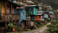 Stilt house in poverty stricken slum, surrounded by lush nature generated by AI