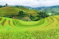 Stilt house on the rice terraced field with the sky and clouds