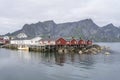 Stilt rorbuer and steep slopes, Hamnoy Reine, Lofoten, Norway