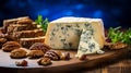 Stilton cheese: a blue-speckled wheel with a crumbly core. Rich, tangy, velvety texture Royalty Free Stock Photo