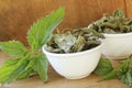 Stinging nettle chips in bowl and fresh nettle on table Royalty Free Stock Photo