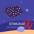 Stingray with coral and shell on seafloor vector illustration.