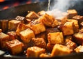 Stinky smelly tofu with steam on street food market.Macro.Ai Generative