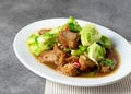 Stir Fried Baby Cabbage with Crispy Pork on plate , Asian Food